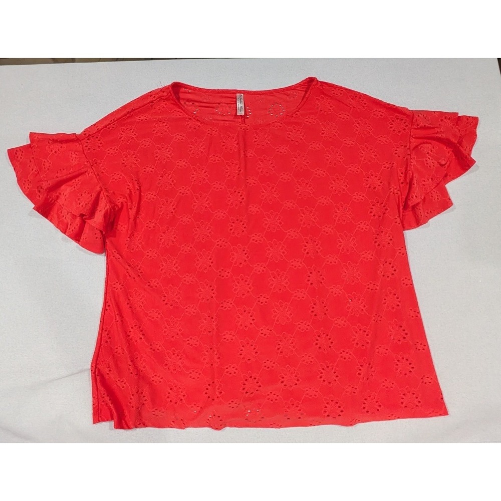 PerSeption Women Blouse Women 3X Red Excellent Ruffle Sleeve Eyelet TP-WM-577